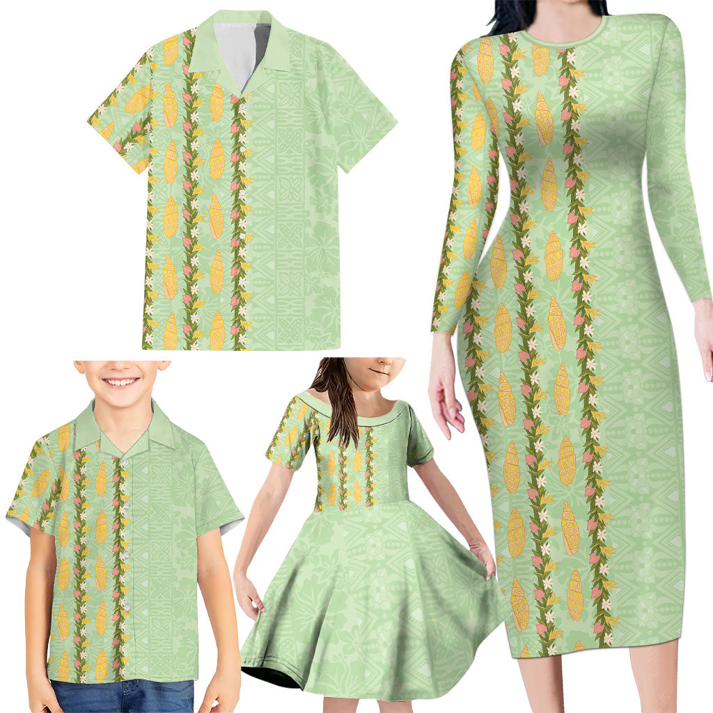 Hawaii Shell Tiare Anthurium Heliconia Lei Family Matching Long Sleeve Bodycon Dress and Hawaiian Shirt With Tapa Pattern Baby Green