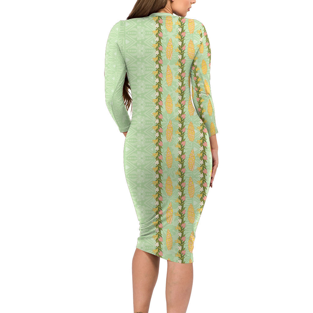 Hawaii Shell Tiare Anthurium Heliconia Lei Family Matching Long Sleeve Bodycon Dress and Hawaiian Shirt With Tapa Pattern Baby Green