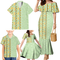 Hawaii Shell Tiare Anthurium Heliconia Lei Family Matching Mermaid Dress and Hawaiian Shirt With Tapa Pattern Baby Green