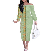 Hawaii Shell Tiare Anthurium Heliconia Lei Family Matching Off The Shoulder Long Sleeve Dress and Hawaiian Shirt With Tapa Pattern Baby Green