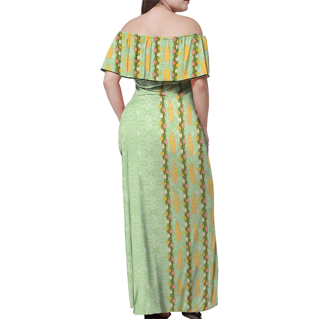 Hawaii Shell Tiare Anthurium Heliconia Lei Family Matching Off Shoulder Maxi Dress and Hawaiian Shirt With Tapa Pattern Baby Green