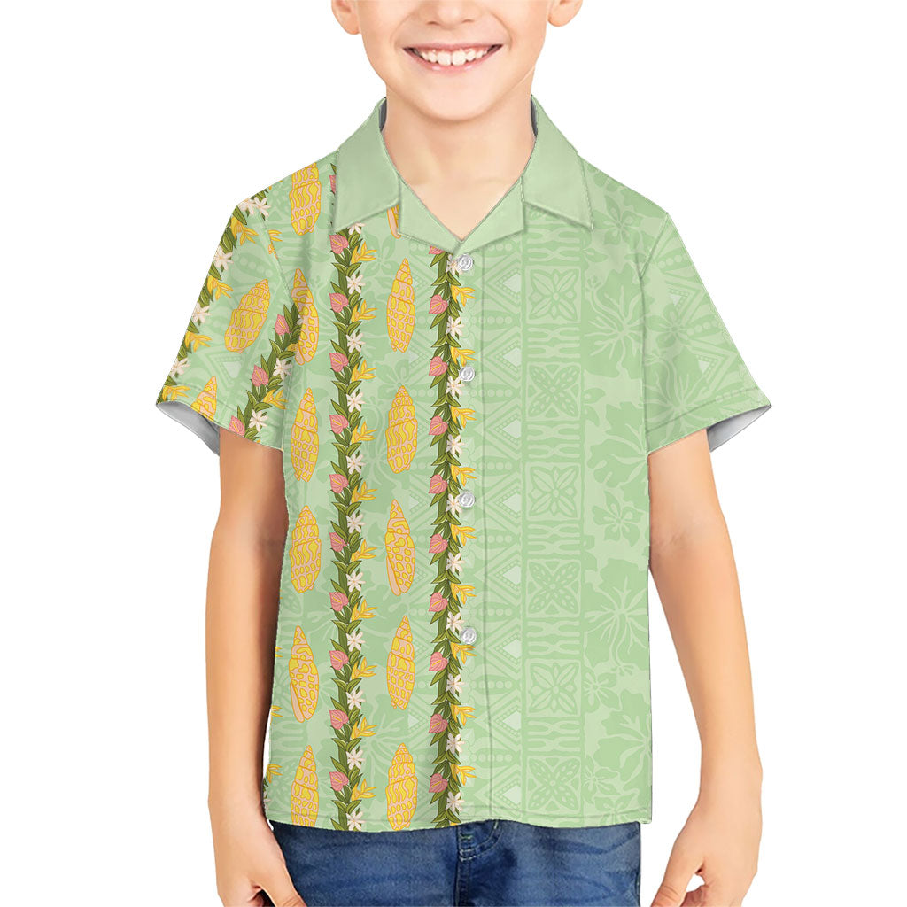 Hawaii Shell Tiare Anthurium Heliconia Lei Family Matching Off Shoulder Maxi Dress and Hawaiian Shirt With Tapa Pattern Baby Green