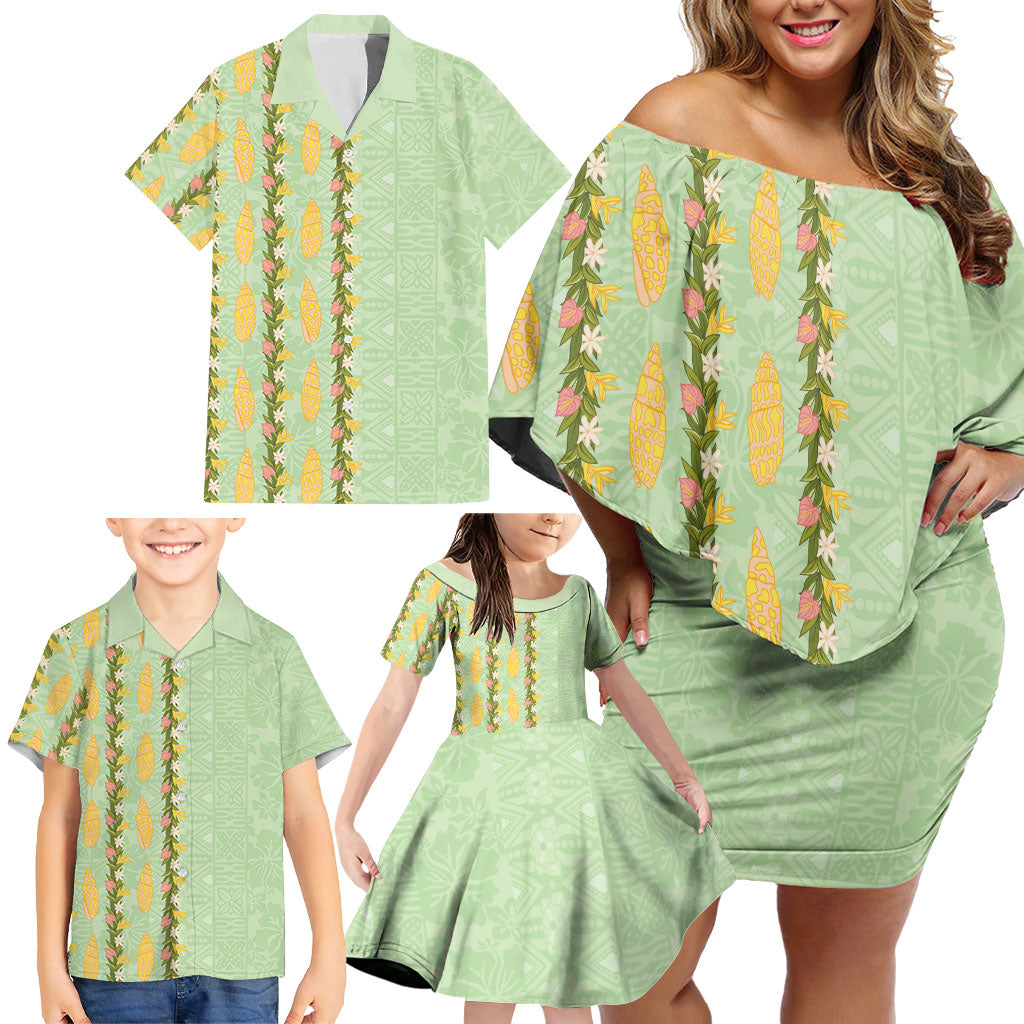 Hawaii Shell Tiare Anthurium Heliconia Lei Family Matching Off Shoulder Short Dress and Hawaiian Shirt With Tapa Pattern Baby Green LT05 - Polynesian Pride
