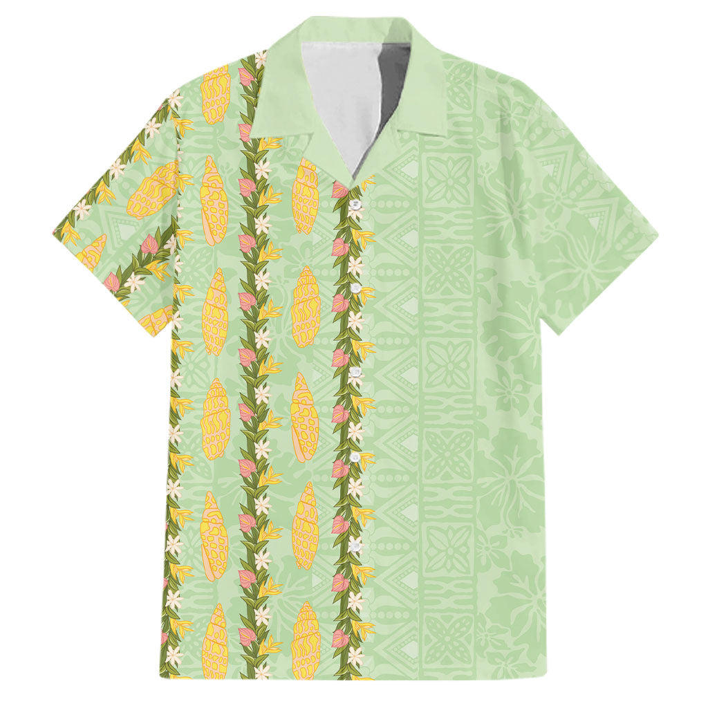 Hawaii Shell Tiare Anthurium Heliconia Lei Family Matching Off Shoulder Short Dress and Hawaiian Shirt With Tapa Pattern Baby Green