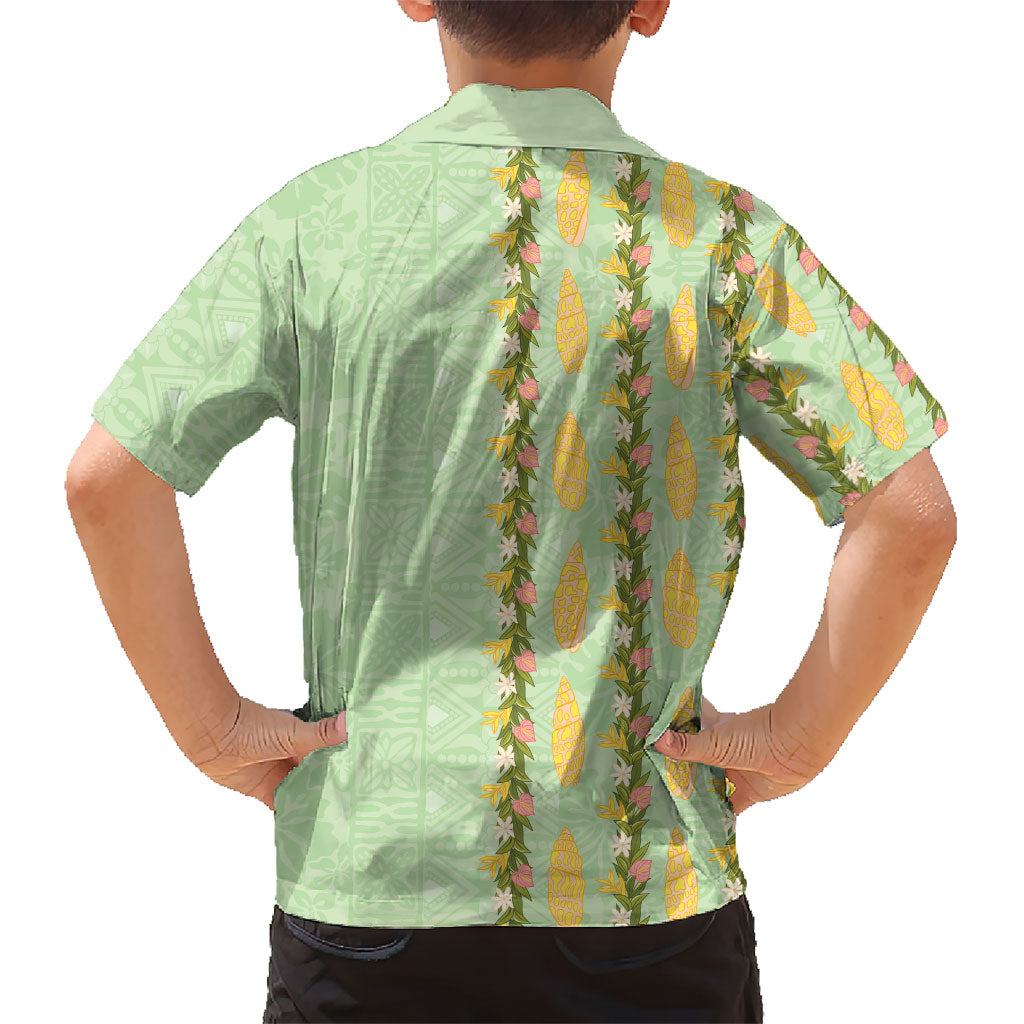 Hawaii Shell Tiare Anthurium Heliconia Lei Family Matching Puletasi and Hawaiian Shirt With Tapa Pattern Baby Green