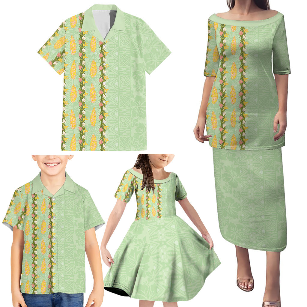 Hawaii Shell Tiare Anthurium Heliconia Lei Family Matching Puletasi and Hawaiian Shirt With Tapa Pattern Baby Green