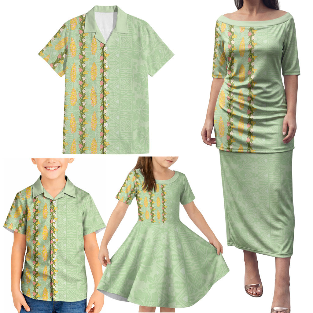 Hawaii Shell Tiare Anthurium Heliconia Lei Family Matching Puletasi and Hawaiian Shirt With Tapa Pattern Baby Green LT05 - Polynesian Pride