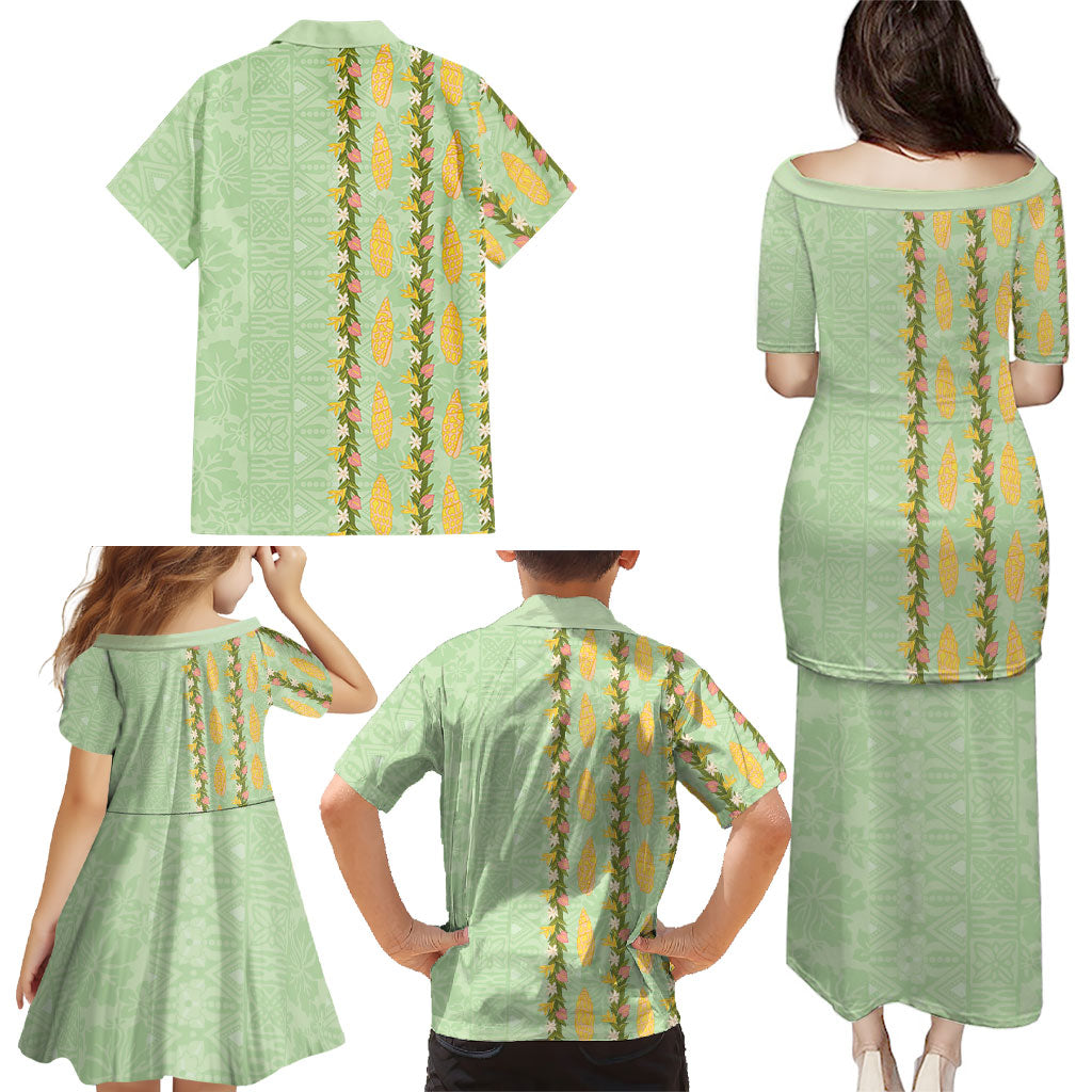 Hawaii Shell Tiare Anthurium Heliconia Lei Family Matching Puletasi and Hawaiian Shirt With Tapa Pattern Baby Green