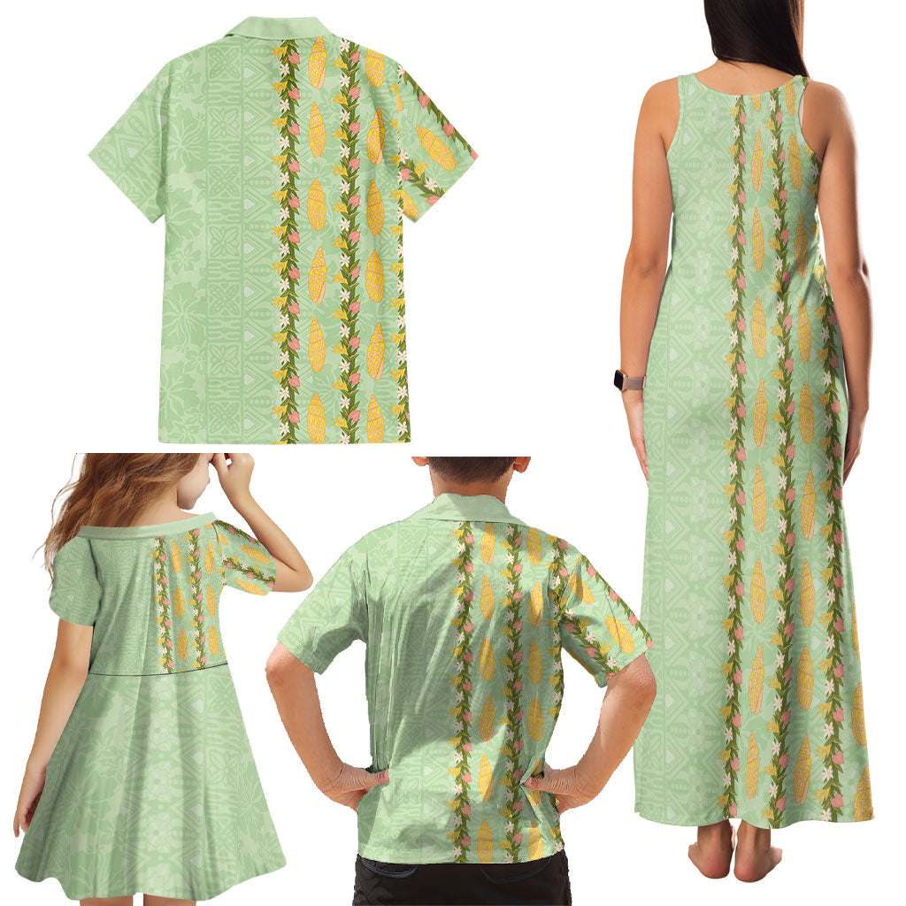 Hawaii Shell Tiare Anthurium Heliconia Lei Family Matching Tank Maxi Dress and Hawaiian Shirt With Tapa Pattern Baby Green
