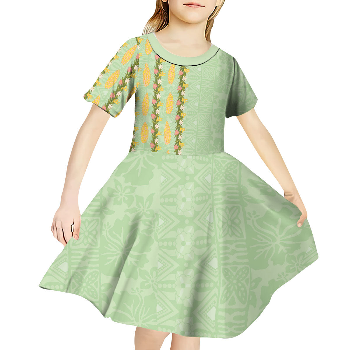 Hawaii Shell Tiare Anthurium Heliconia Lei Kid Short Sleeve Dress With Tapa Pattern Baby Green
