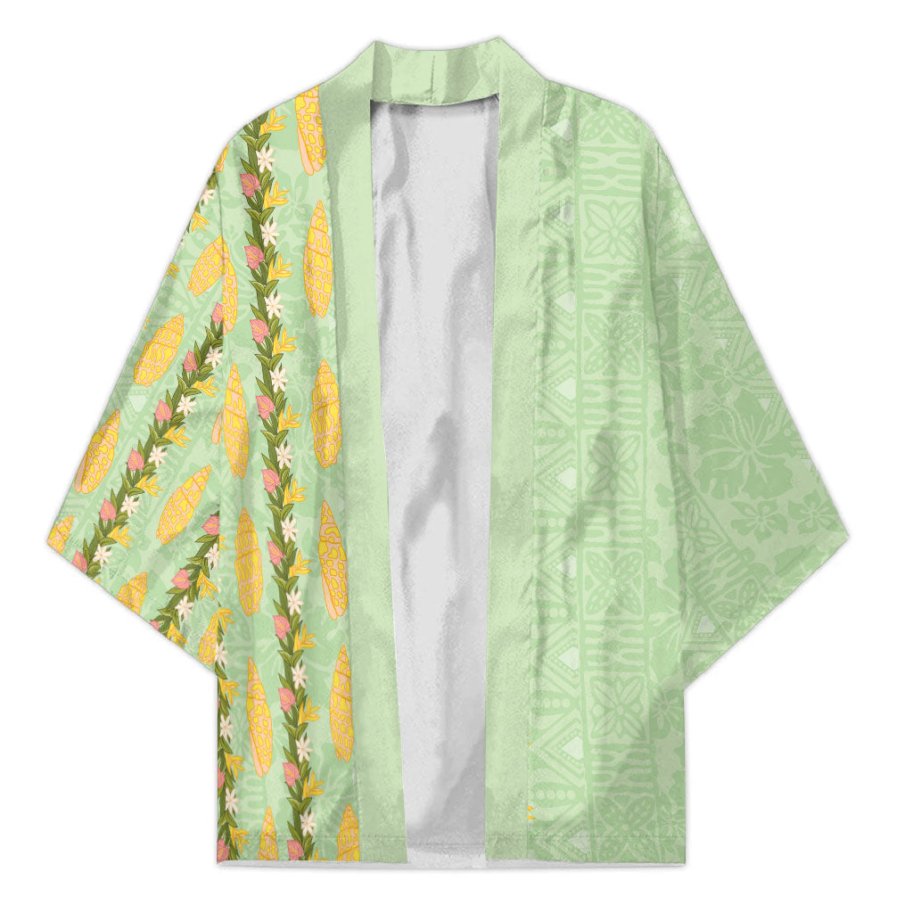 Hawaii Shell Tiare Anthurium Heliconia Lei Kimono With Tapa Pattern Baby Green LT05 Unisex Green - Polynesian Pride