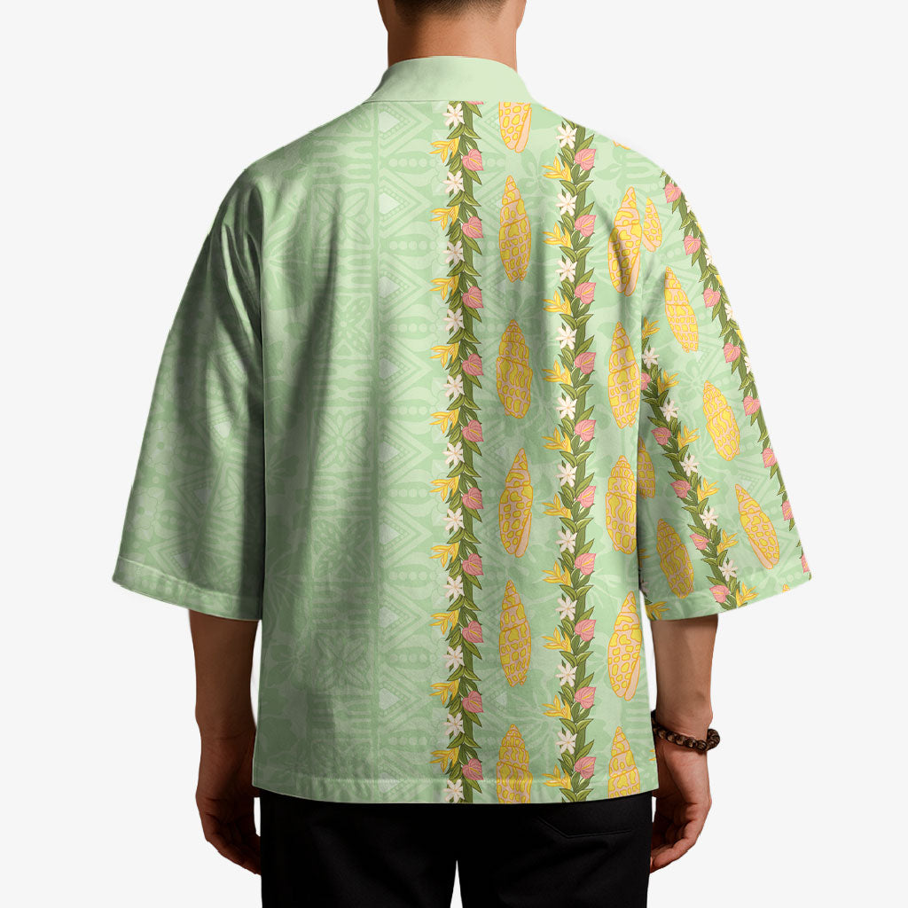 Hawaii Shell Tiare Anthurium Heliconia Lei Kimono With Tapa Pattern Baby Green
