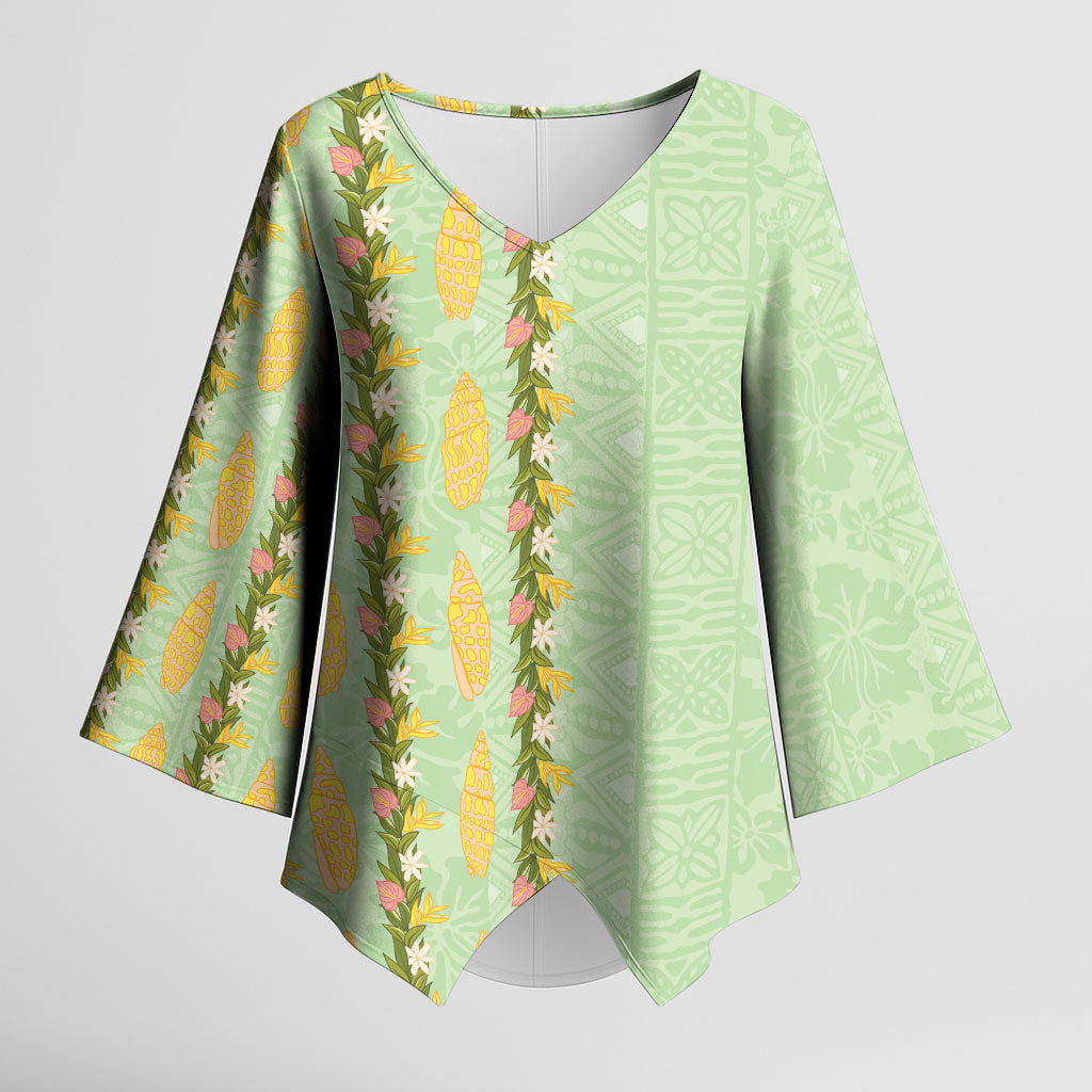 Hawaii Shell Tiare Anthurium Heliconia Lei Kimono Sleeve Blouse With Tapa Pattern Baby Green LT05 Female Green - Polynesian Pride