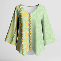 Hawaii Shell Tiare Anthurium Heliconia Lei Kimono Sleeve Blouse With Tapa Pattern Baby Green
