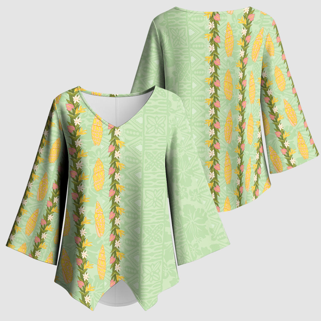 Hawaii Shell Tiare Anthurium Heliconia Lei Kimono Sleeve Blouse With Tapa Pattern Baby Green
