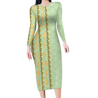 Hawaii Shell Tiare Anthurium Heliconia Lei Long Sleeve Bodycon Dress With Tapa Pattern Baby Green