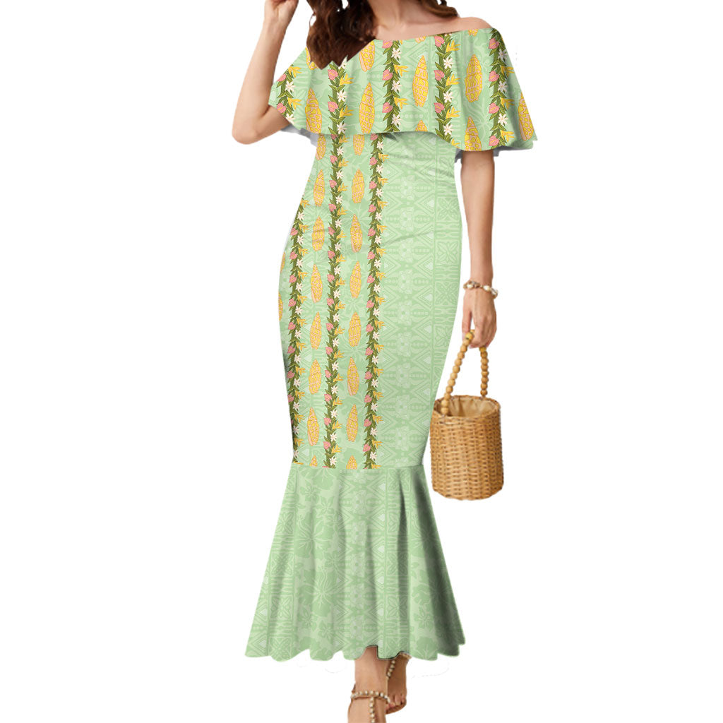 Hawaii Shell Tiare Anthurium Heliconia Lei Mermaid Dress With Tapa Pattern Baby Green LT05 Women Green - Polynesian Pride