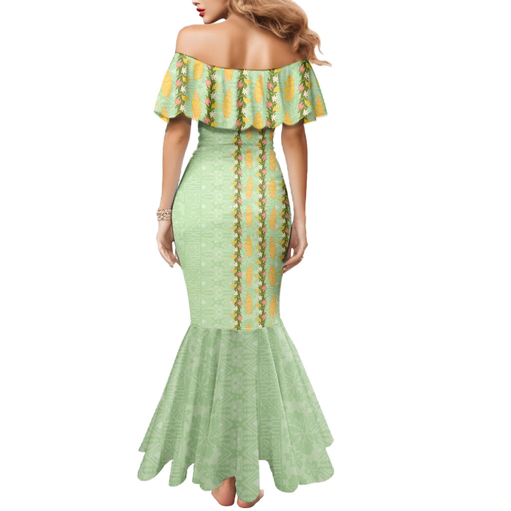 Hawaii Shell Tiare Anthurium Heliconia Lei Mermaid Dress With Tapa Pattern Baby Green