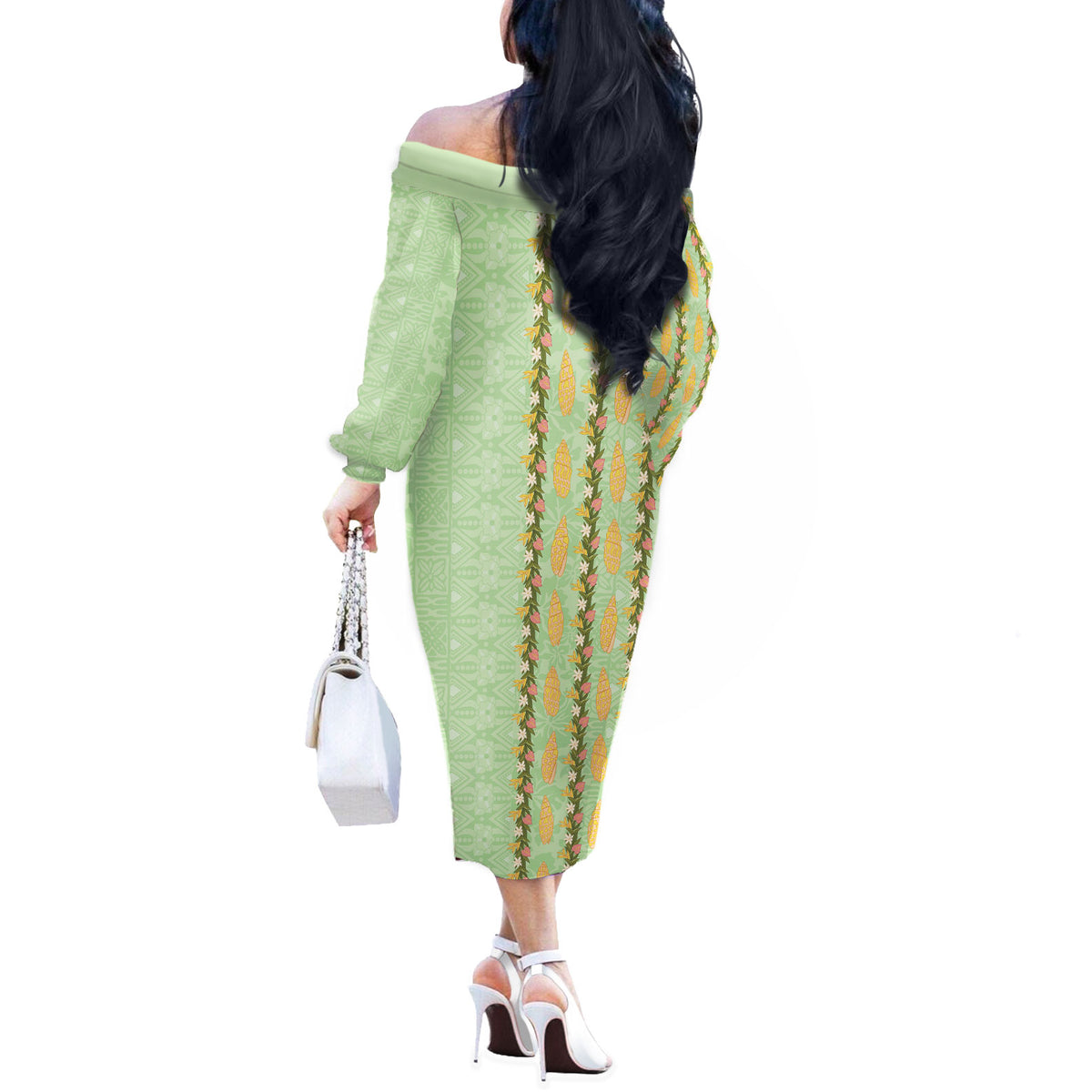 Hawaii Shell Tiare Anthurium Heliconia Lei Off The Shoulder Long Sleeve Dress With Tapa Pattern Baby Green