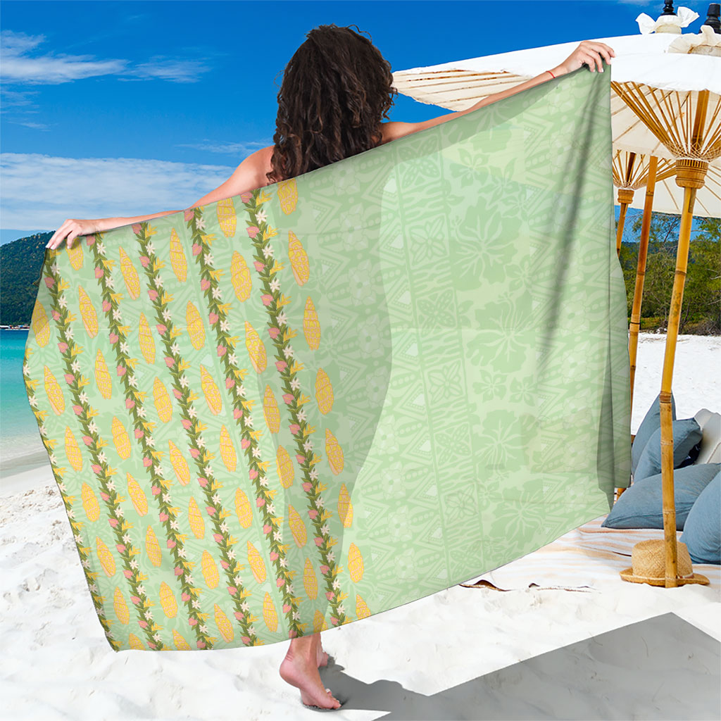 Hawaii Shell Tiare Anthurium Heliconia Lei Sarong With Tapa Pattern Baby Green