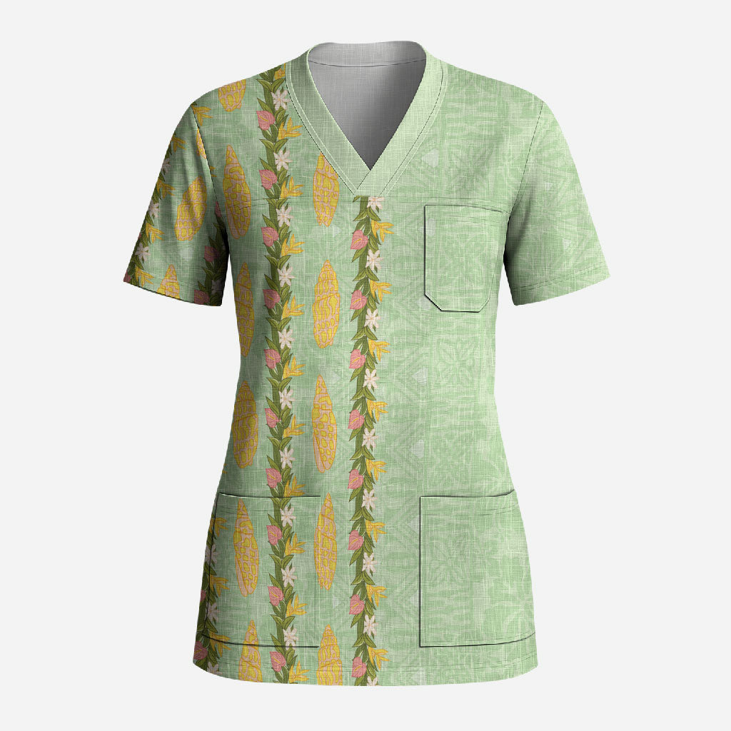 Hawaii Shell Tiare Anthurium Heliconia Lei Scrub Top With Tapa Pattern Baby Green LT05 Adult Green - Polynesian Pride