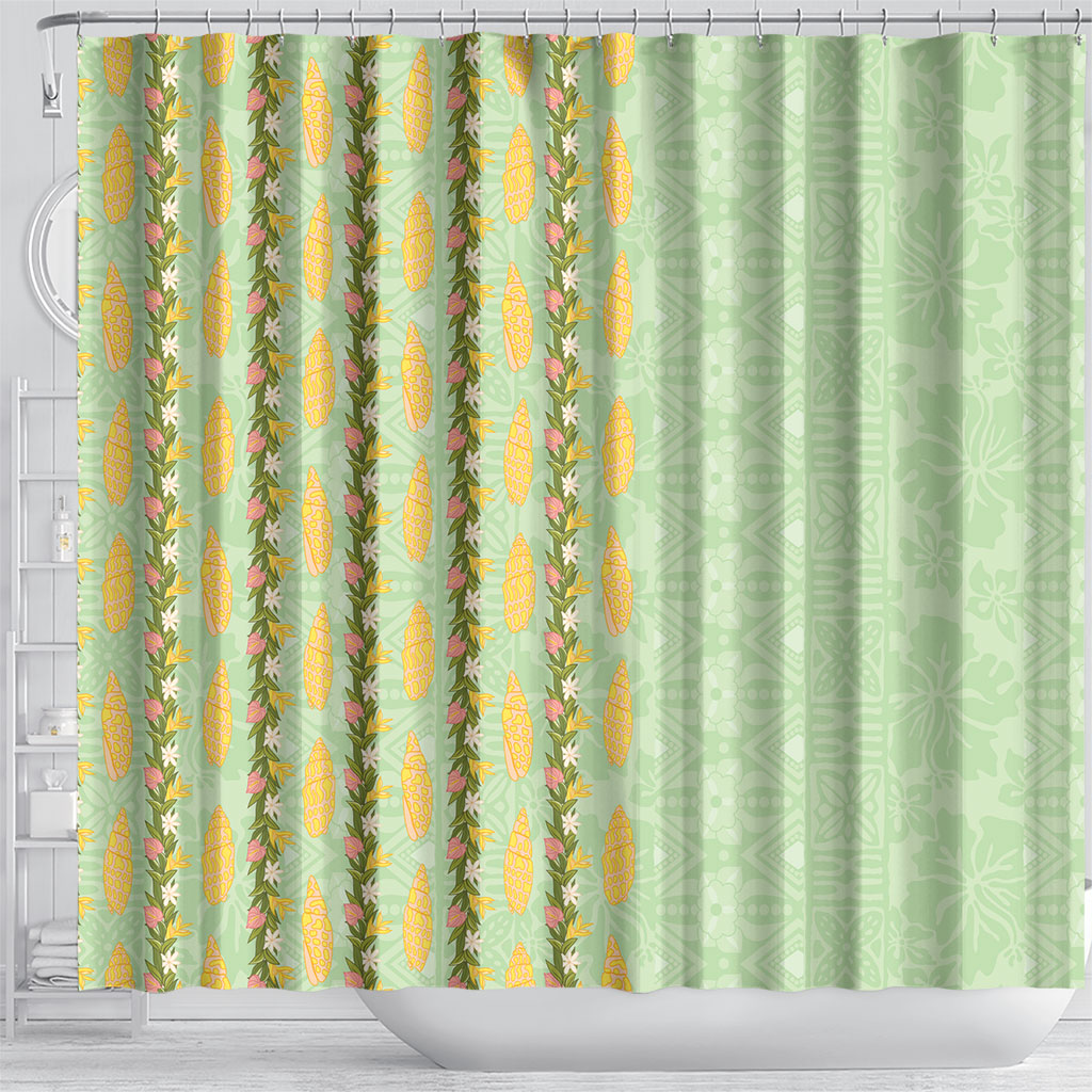 Hawaii Shell Tiare Anthurium Heliconia Lei Shower Curtain With Tapa Pattern Baby Green