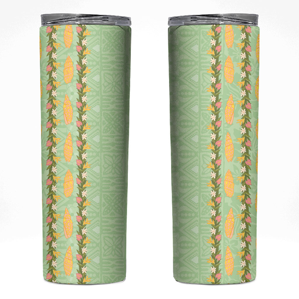 Hawaii Shell Tiare Anthurium Heliconia Lei Skinny Tumbler With Tapa Pattern Baby Green