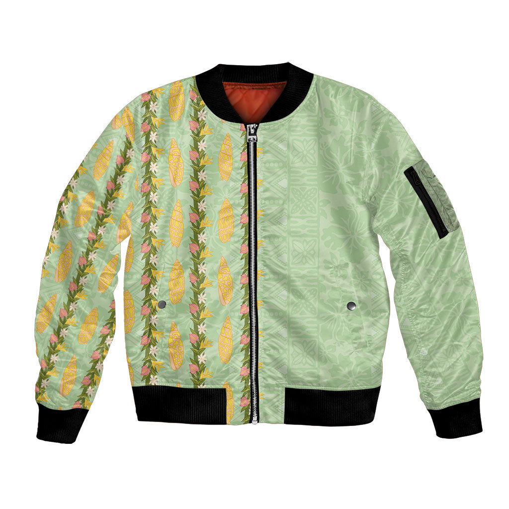 Hawaii Shell Tiare Anthurium Heliconia Lei Sleeve Zip Bomber Jacket With Tapa Pattern Baby Green