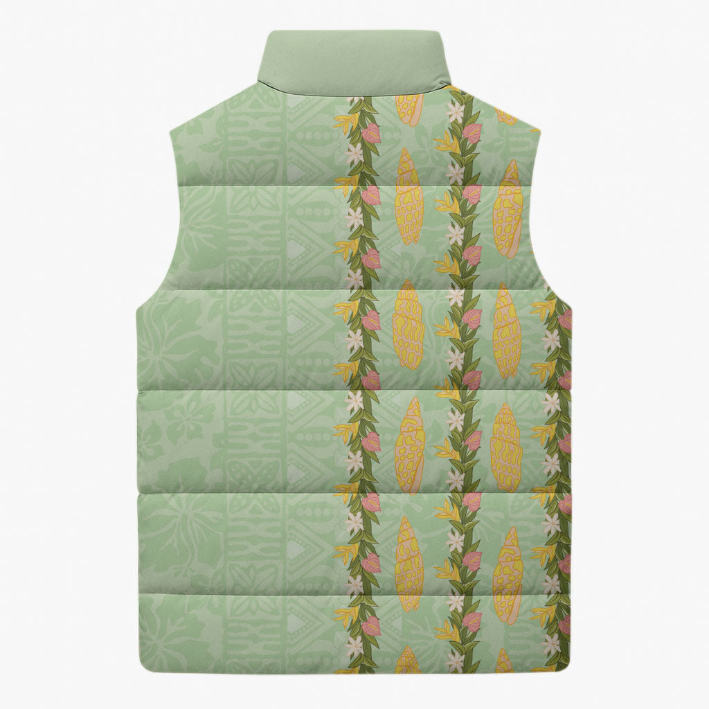 Hawaii Shell Tiare Anthurium Heliconia Lei Sleeveless Puffer Jacket With Tapa Pattern Baby Green