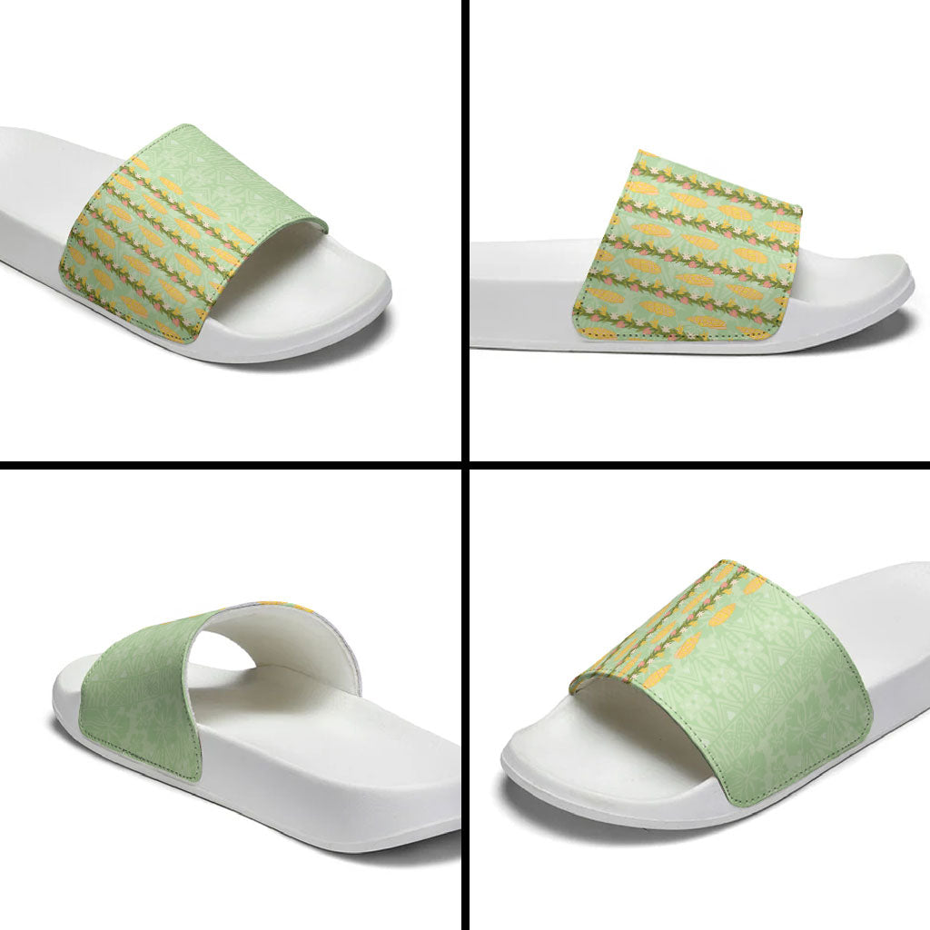 Hawaii Shell Tiare Anthurium Heliconia Lei Slide Sandals With Tapa Pattern Baby Green