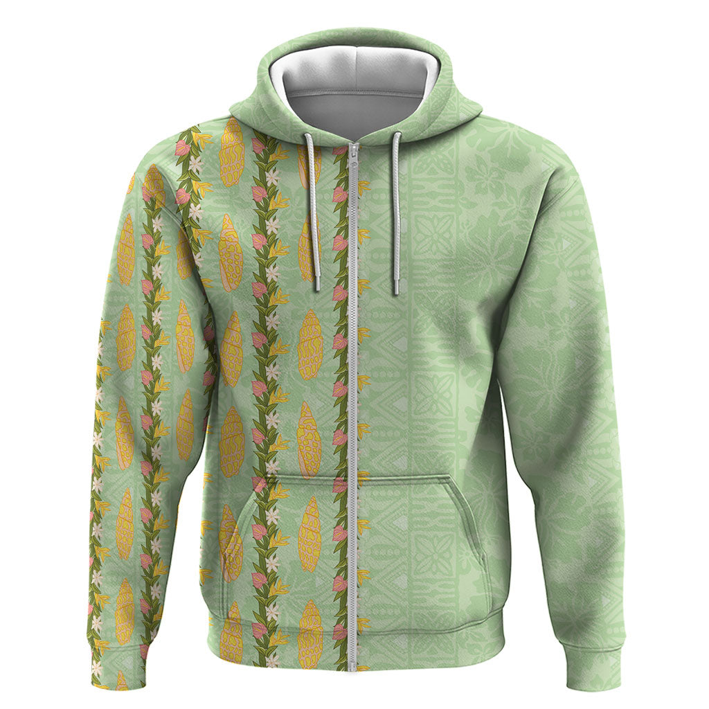 Hawaii Shell Tiare Anthurium Heliconia Lei Zip Hoodie With Tapa Pattern Baby Green LT05 Zip Hoodie Green - Polynesian Pride