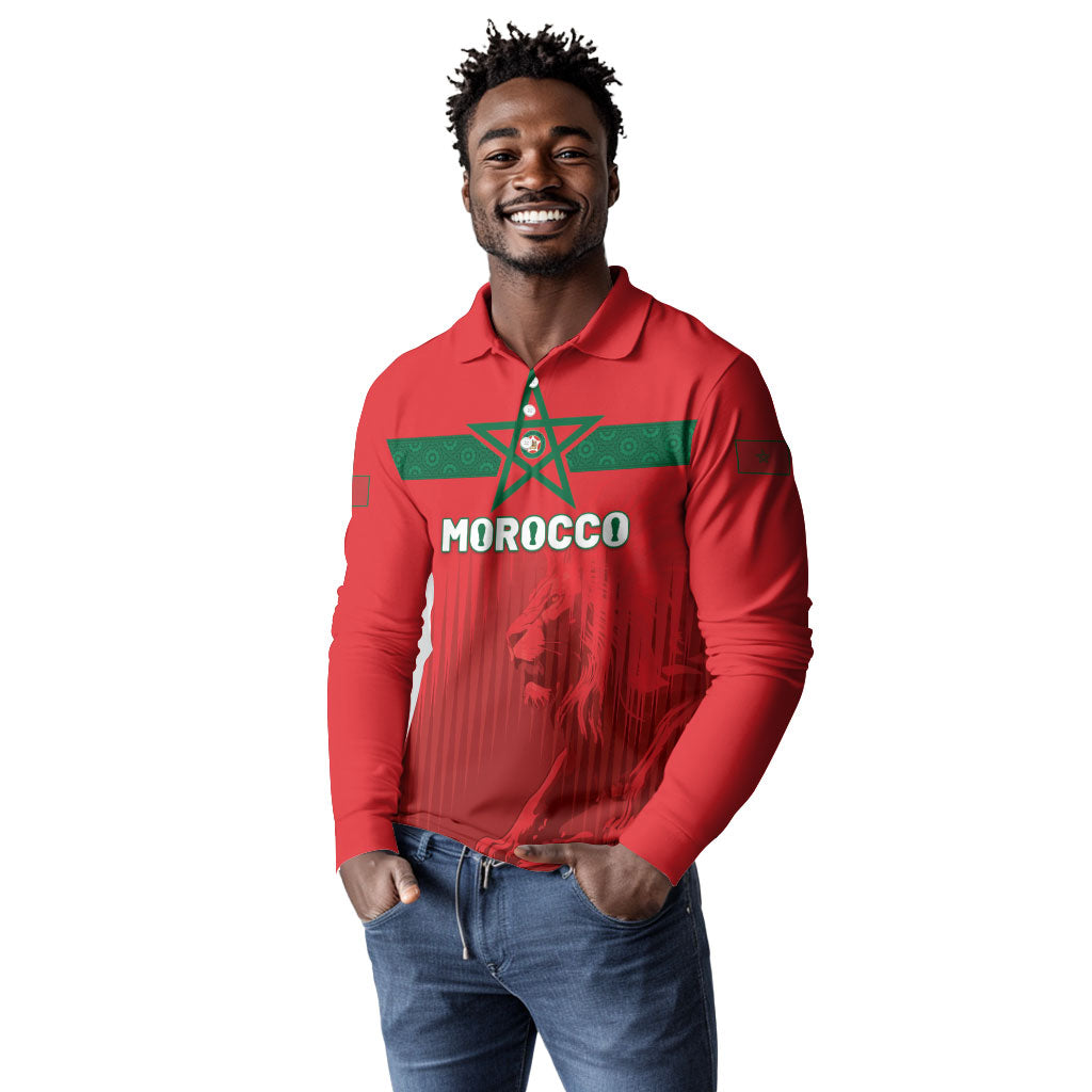 Custom Morocco Football 2026 Long Sleeve Polo Shirt Atlas Lions Breathtaking Victory Red Version