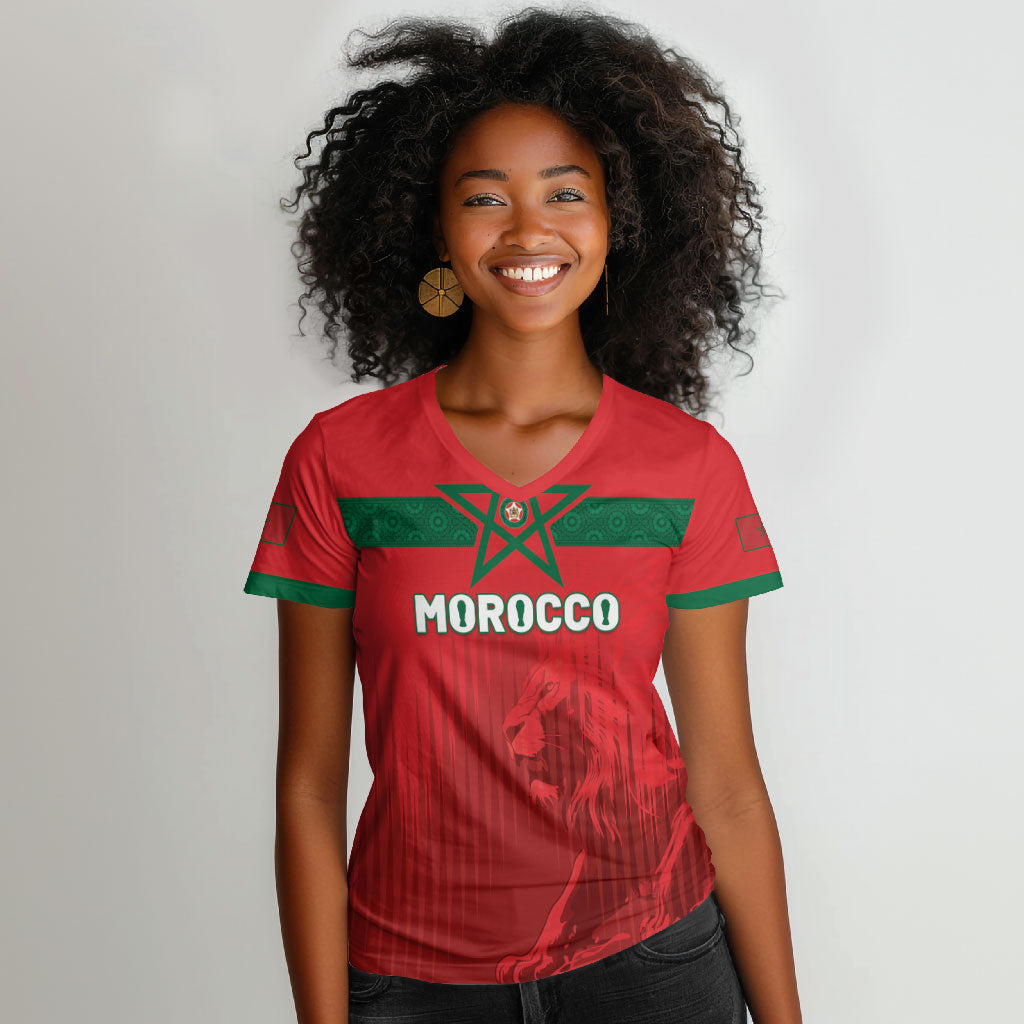 Custom Morocco Football 2026 Women V-Neck T-Shirt Atlas Lions Breathtaking Victory Red Version LT05 Female Red - Polynesian Pride