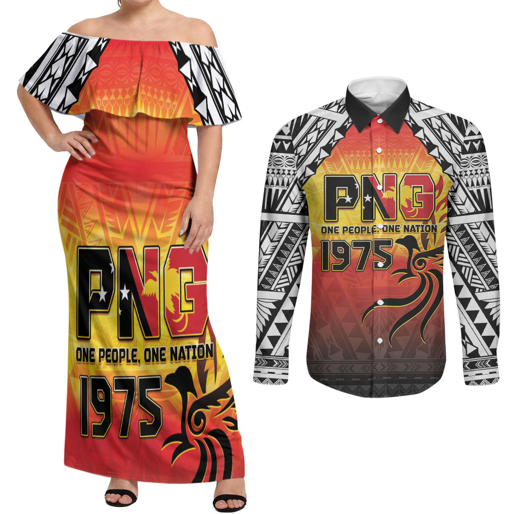 Papua New Guinea Independence Day Couples Matching Off Shoulder Maxi Dress and Long Sleeve Button Shirt One People One Nation One PNG LT05 Yellow - Polynesian Pride