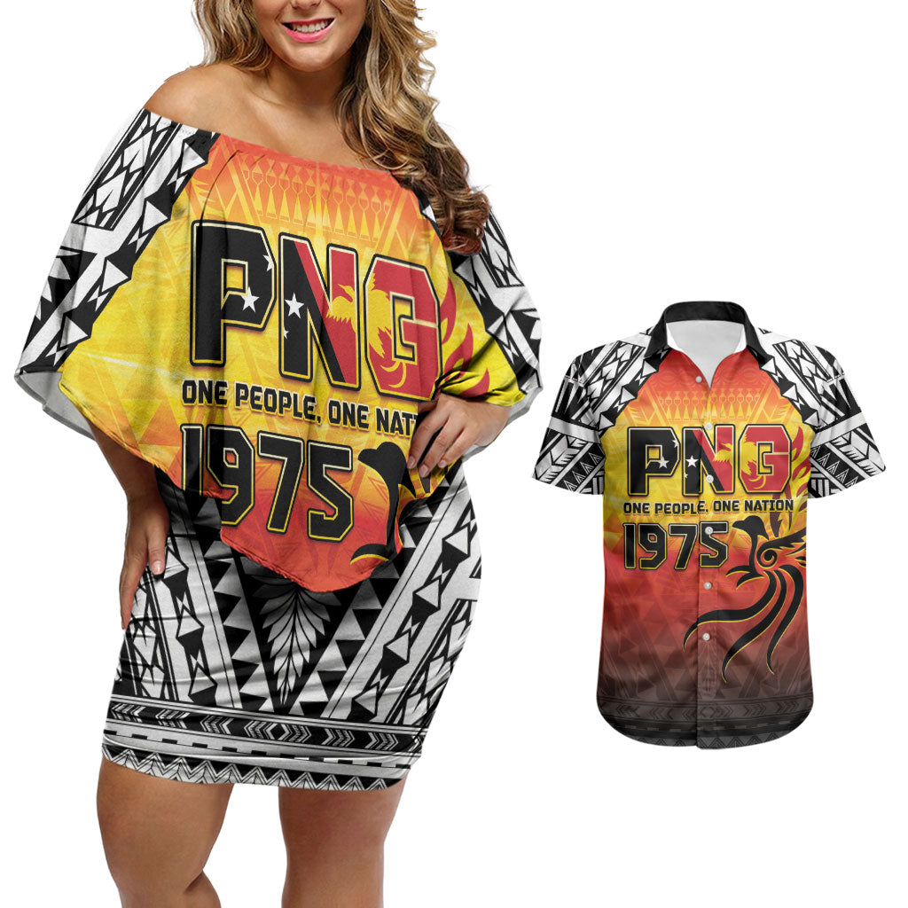 Papua New Guinea Independence Day Couples Matching Off Shoulder Short Dress and Hawaiian Shirt One People One Nation One PNG LT05 Yellow - Polynesian Pride