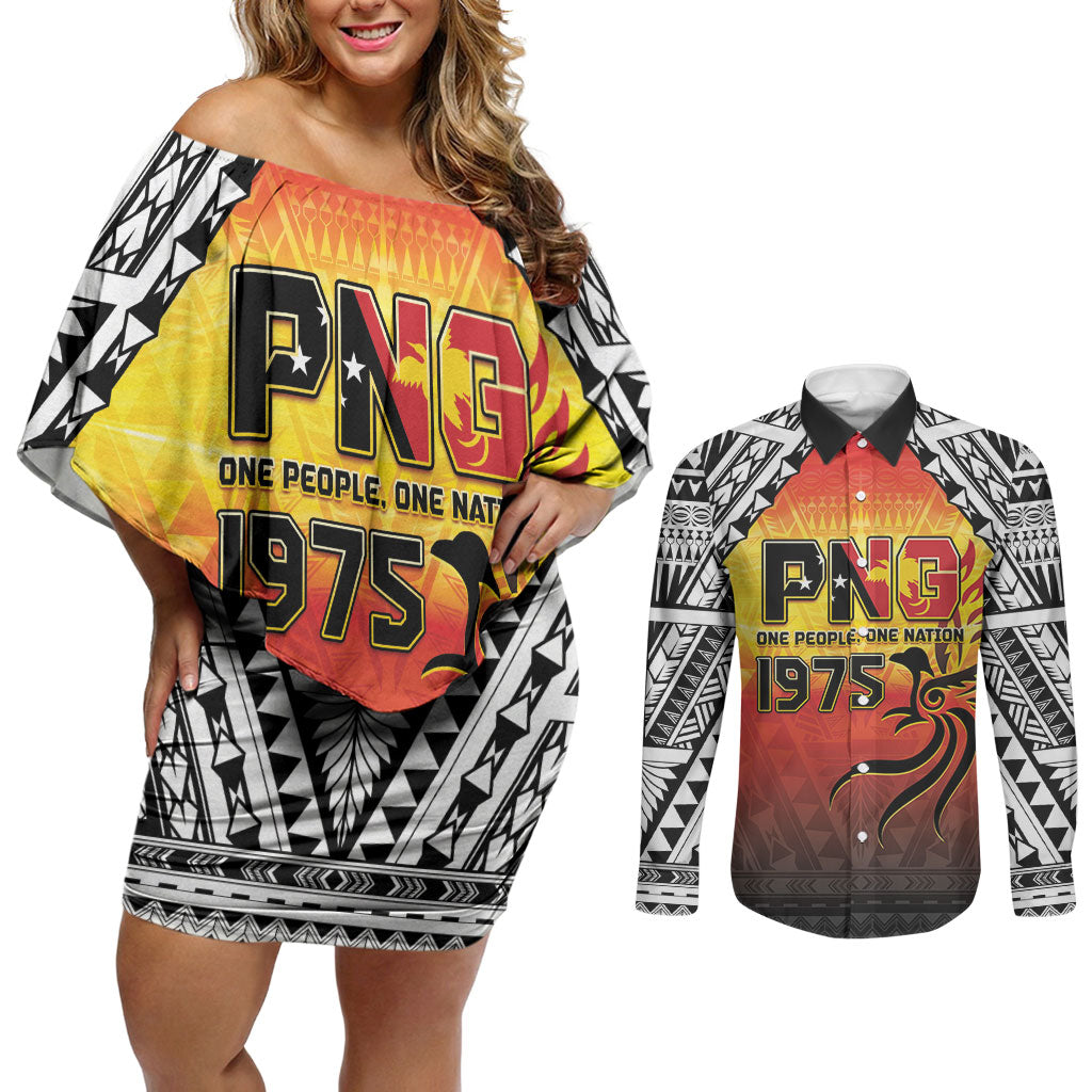 Papua New Guinea Independence Day Couples Matching Off Shoulder Short Dress and Long Sleeve Button Shirt One People One Nation One PNG LT05 Yellow - Polynesian Pride