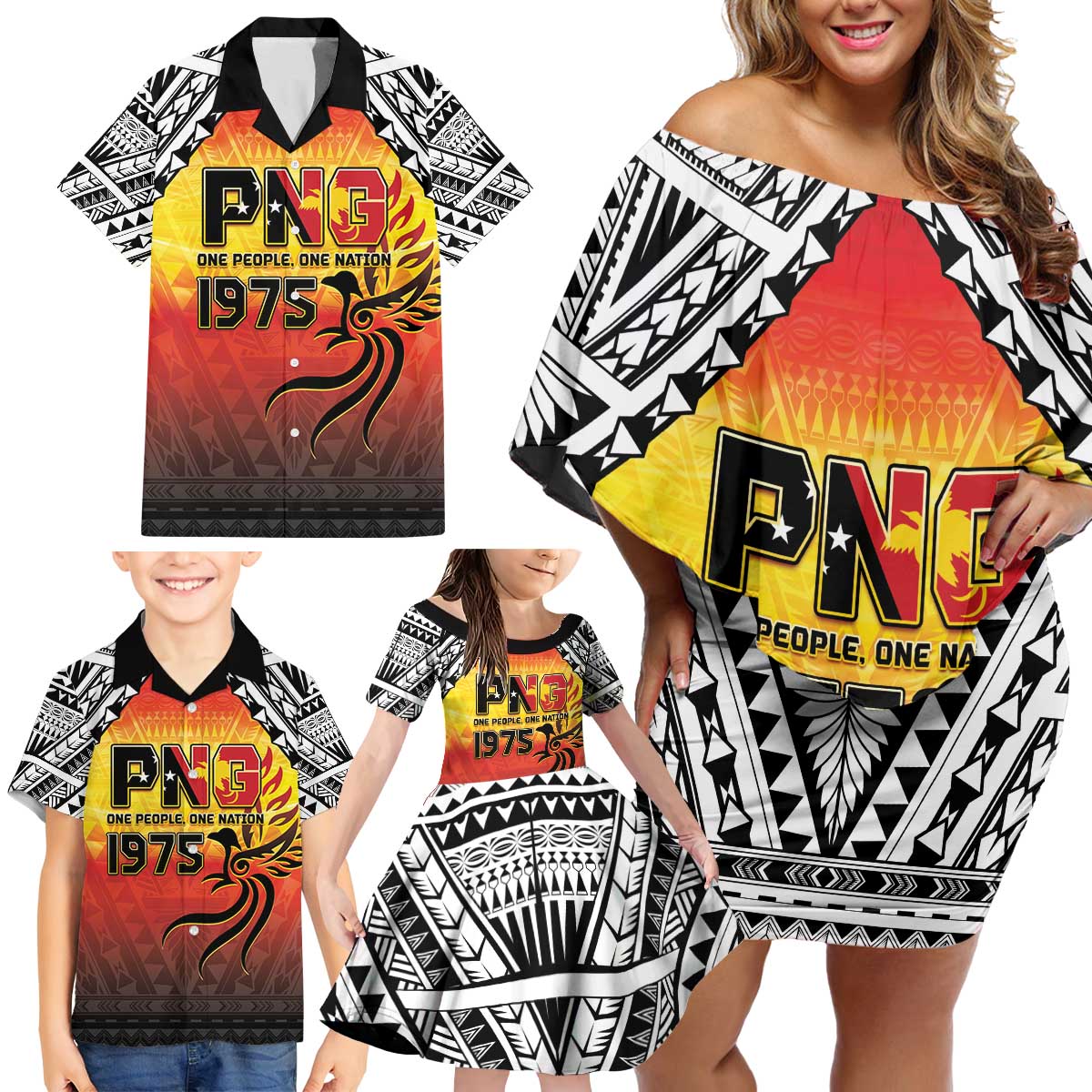 Papua New Guinea 50th Independence Day Family Matching Off Shoulder Short Dress and Hawaiian Shirt One People One Nation One PNG LT05 - Polynesian Pride