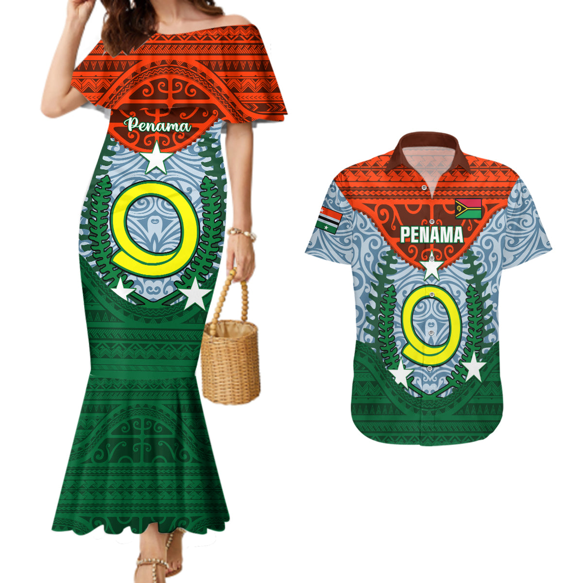 Vanuatu Penama Province Couples Matching Mermaid Dress and Hawaiian Shirt Vanuatuan Coat Of Arms Polynesian Pattern LT05 Green - Polynesian Pride