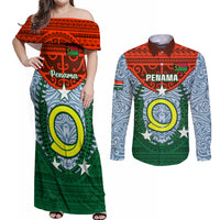 Vanuatu Penama Province Couples Matching Off Shoulder Maxi Dress and Long Sleeve Button Shirts Vanuatuan Coat Of Arms Polynesian Pattern LT05 Green - Polynesian Pride
