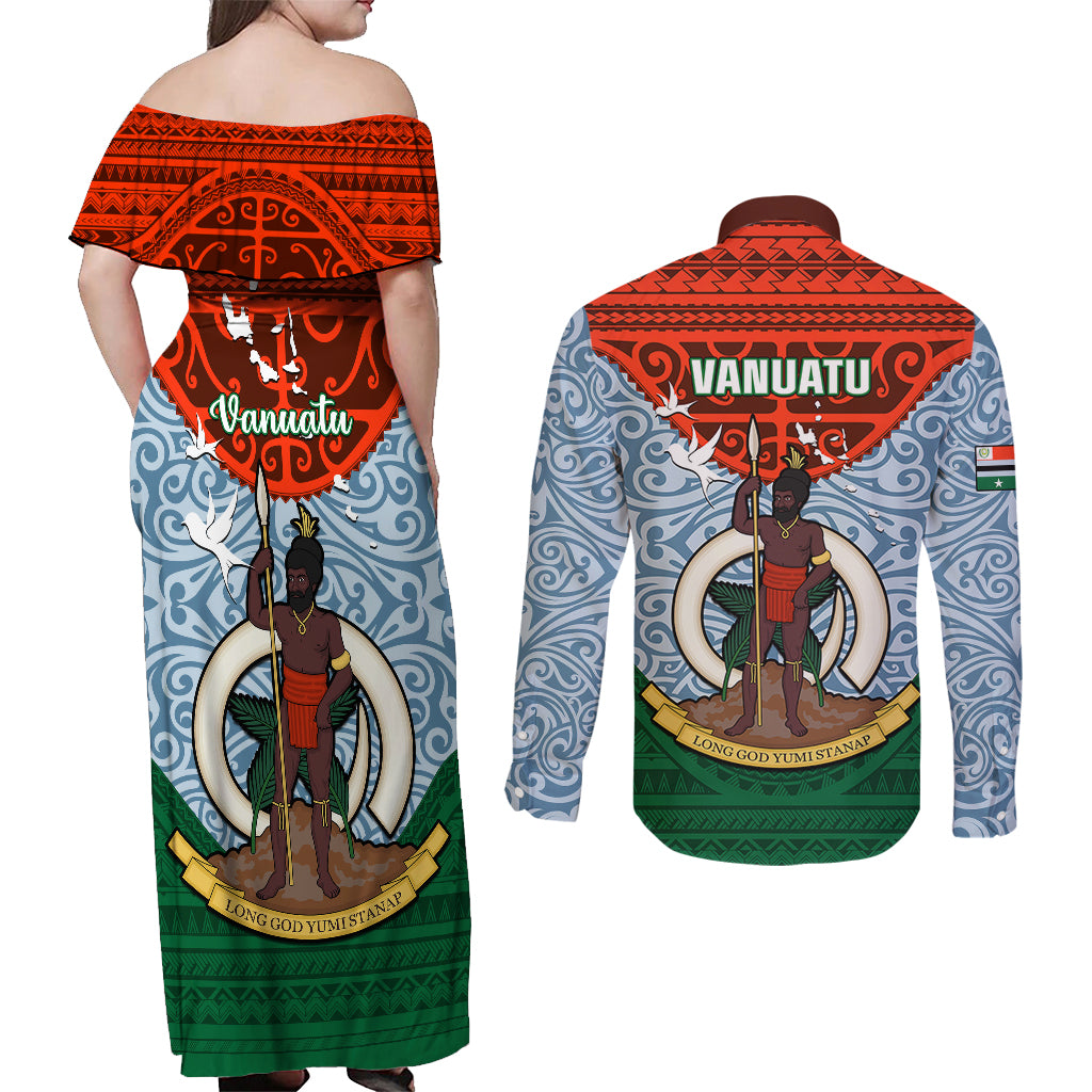 Vanuatu Penama Province Couples Matching Off Shoulder Maxi Dress and Long Sleeve Button Shirts Vanuatuan Coat Of Arms Polynesian Pattern LT05 - Polynesian Pride