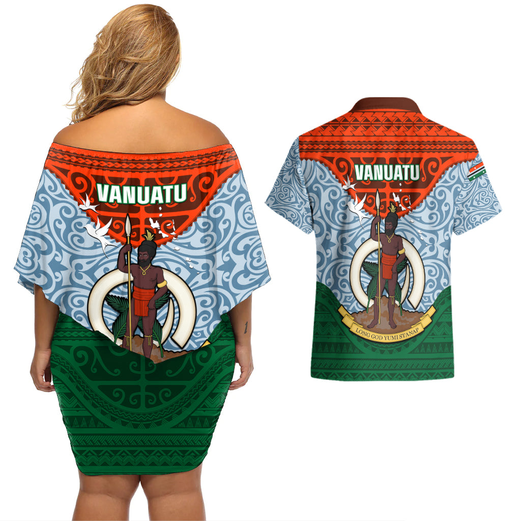 Vanuatu Penama Province Couples Matching Off Shoulder Short Dress and Hawaiian Shirt Vanuatuan Coat Of Arms Polynesian Pattern LT05 - Polynesian Pride