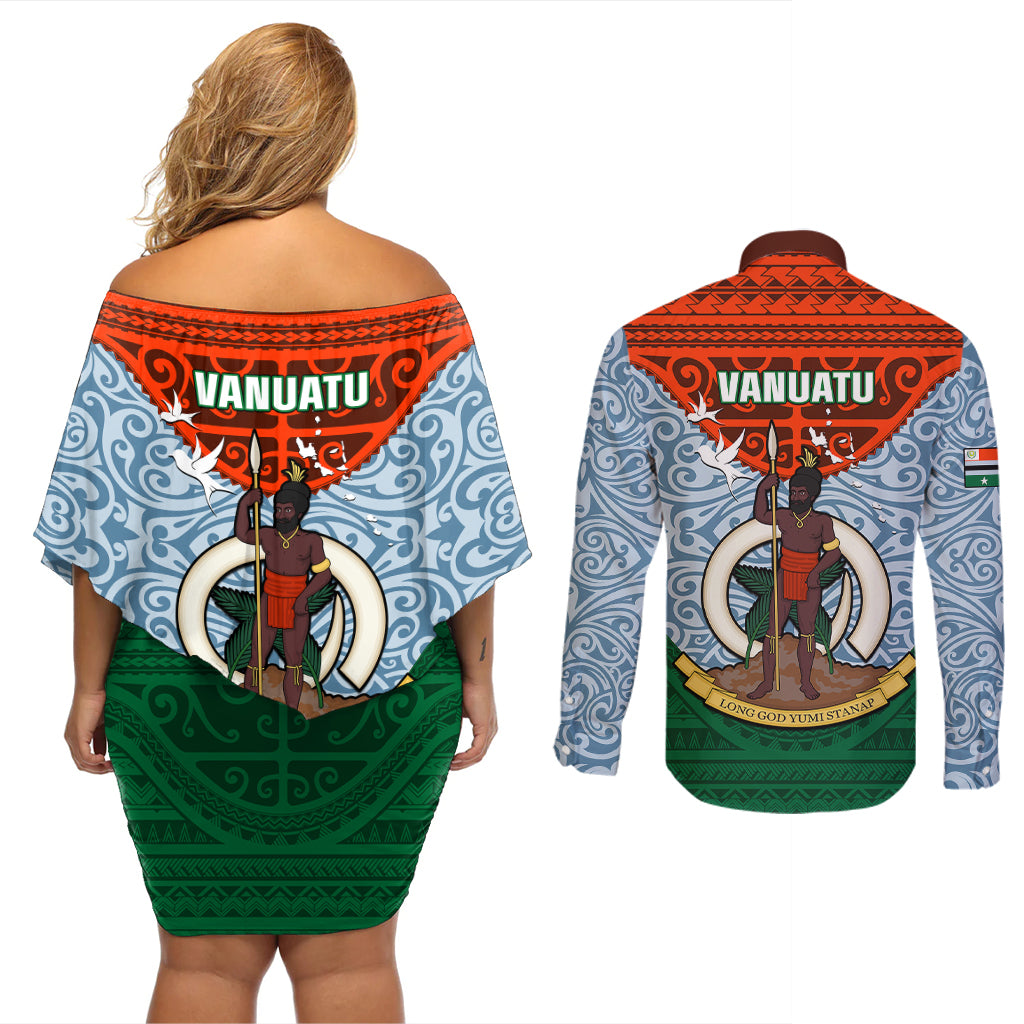 Vanuatu Penama Province Couples Matching Off Shoulder Short Dress and Long Sleeve Button Shirts Vanuatuan Coat Of Arms Polynesian Pattern LT05 - Polynesian Pride