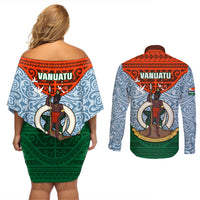 Vanuatu Penama Province Couples Matching Off Shoulder Short Dress and Long Sleeve Button Shirts Vanuatuan Coat Of Arms Polynesian Pattern LT05 - Polynesian Pride