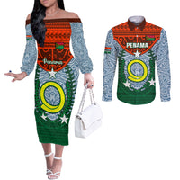 Vanuatu Penama Province Couples Matching Off The Shoulder Long Sleeve Dress and Long Sleeve Button Shirts Vanuatuan Coat Of Arms Polynesian Pattern LT05 Green - Polynesian Pride