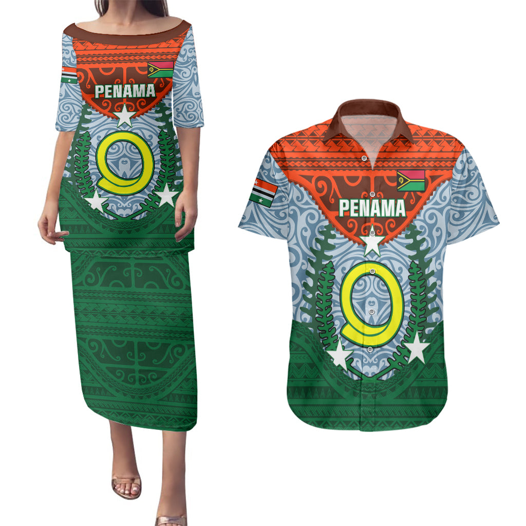 Vanuatu Penama Province Couples Matching Puletasi Dress and Hawaiian Shirt Vanuatuan Coat Of Arms Polynesian Pattern LT05 Green - Polynesian Pride
