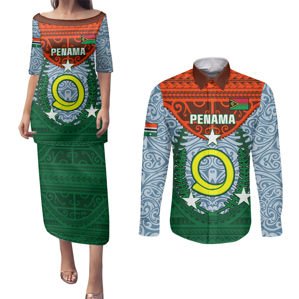 Vanuatu Penama Province Couples Matching Puletasi Dress and Long Sleeve Button Shirts Vanuatuan Coat Of Arms Polynesian Pattern LT05 Green - Polynesian Pride