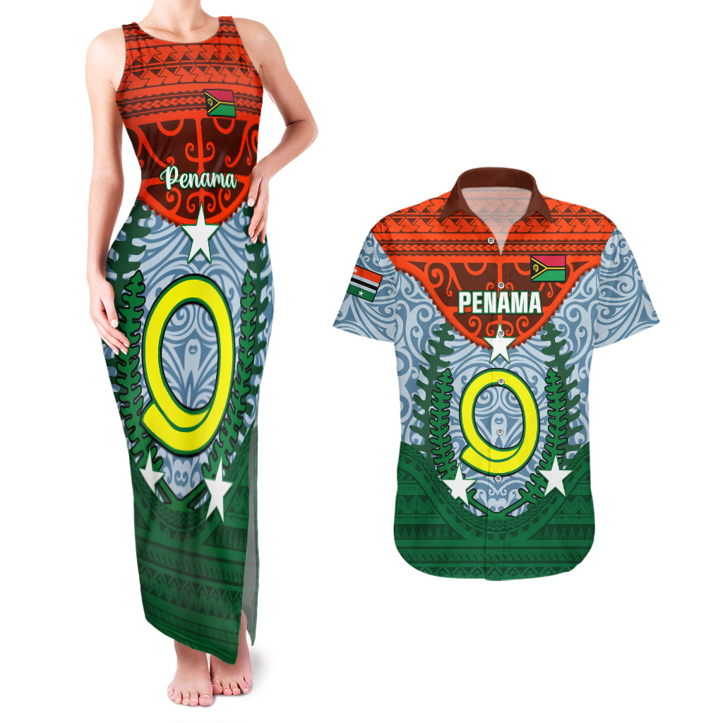 Vanuatu Penama Province Couples Matching Tank Maxi Dress and Hawaiian Shirt Vanuatuan Coat Of Arms Polynesian Pattern LT05 Green - Polynesian Pride