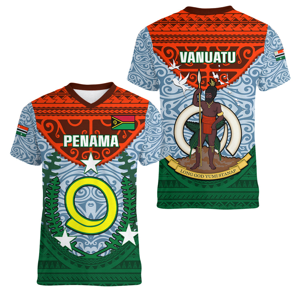 Vanuatu Penama Province Women V Neck T Shirt Vanuatuan Coat Of Arms Polynesian Pattern LT05 - Polynesian Pride