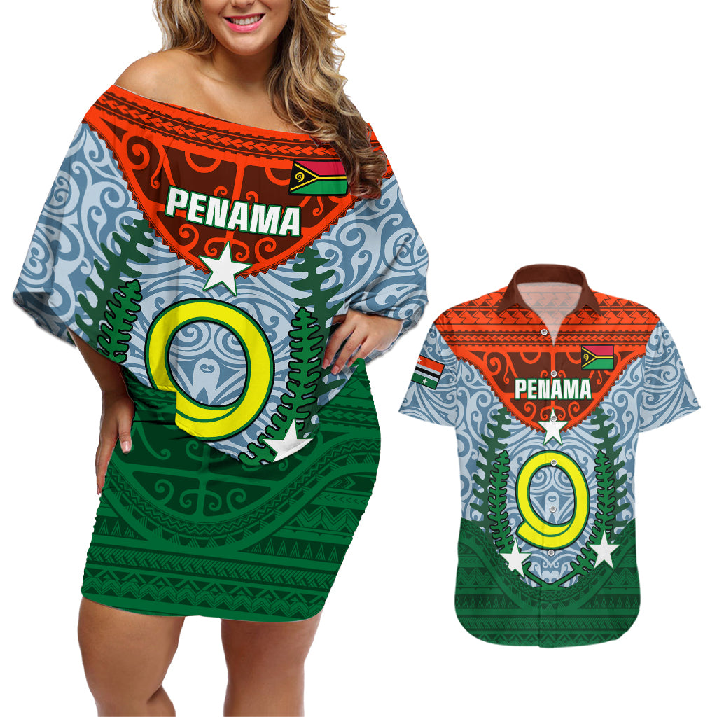 Personalized Vanuatu Penama Province Couples Matching Off Shoulder Short Dress and Hawaiian Shirt Vanuatuan Coat Of Arms Polynesian Pattern LT05 Green - Polynesian Pride