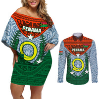 Personalized Vanuatu Penama Province Couples Matching Off Shoulder Short Dress and Long Sleeve Button Shirts Vanuatuan Coat Of Arms Polynesian Pattern LT05 Green - Polynesian Pride